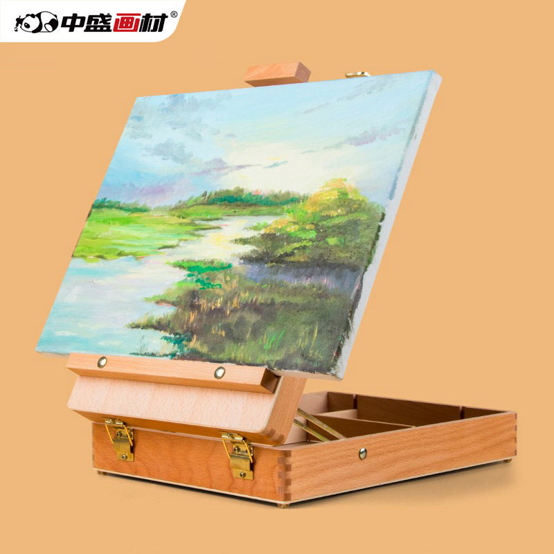 中盛画材 HBX-3圆角桌面油画箱 手提写生木制油画架可置画绘 画箱
