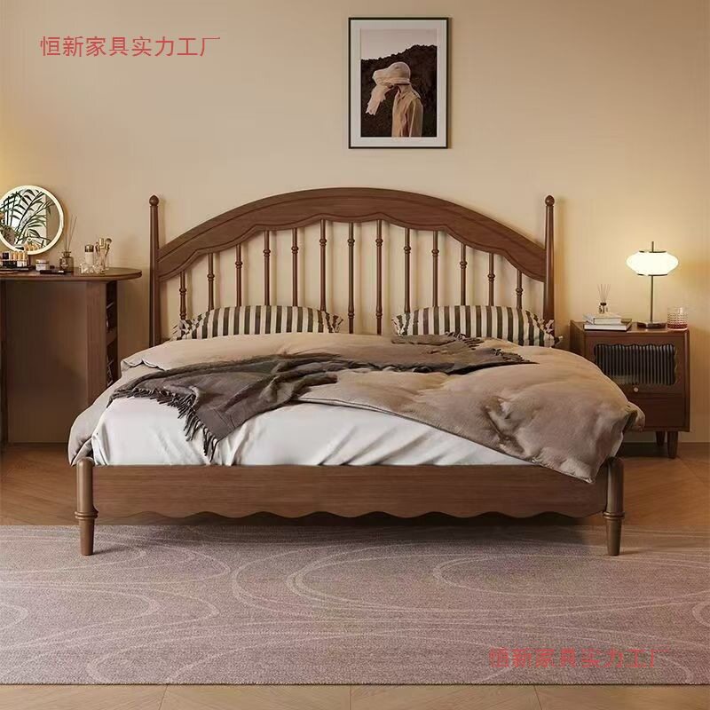 全实木温莎床中古风主卧美法式复古双人床新中式胡桃木色竖琴大床