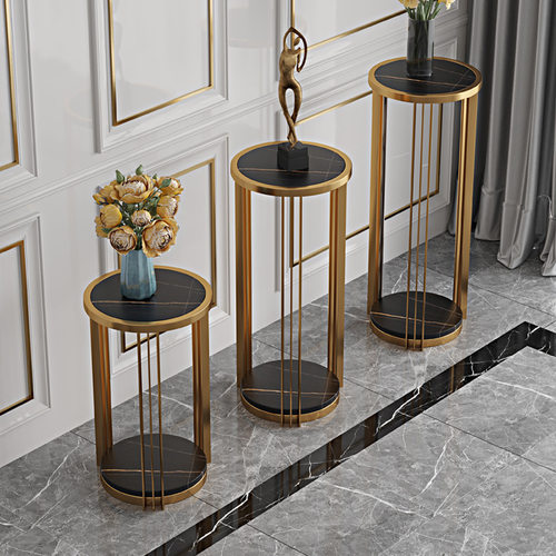 北欧大理石落地式花架轻奢不锈钢置物架电视柜旁大理石花架落地式