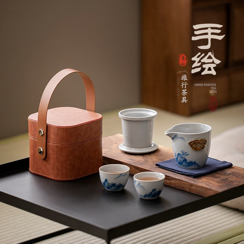 复古手绘一壶二杯带过滤内胆快客杯单个便携式旅行茶具套装收纳包