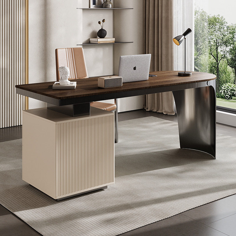 轻奢实木书桌现代简约家用书房电脑桌设计师高端不锈钢办公桌一体