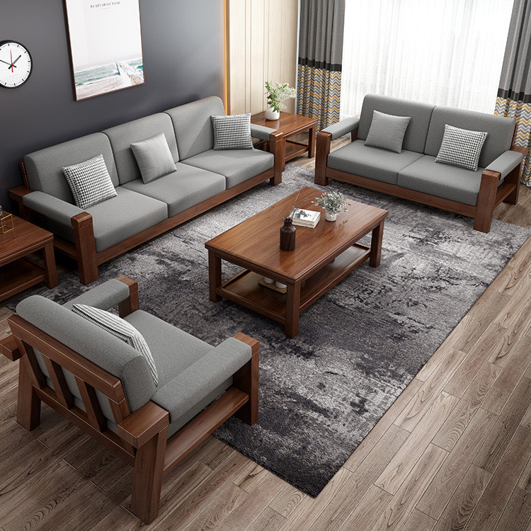 现代简约全实木沙发中式小户型客厅沙发组合家用贵妃转角原木沙发
