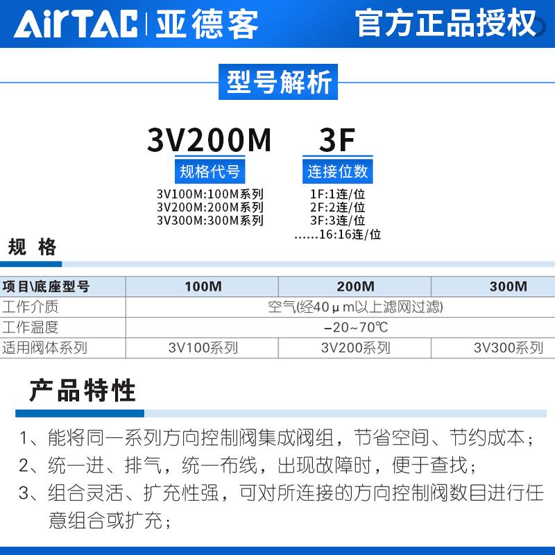 原装亚德客3V210-08电磁阀汇流板底座3V200M7F 3V200M8F 3V200M9F