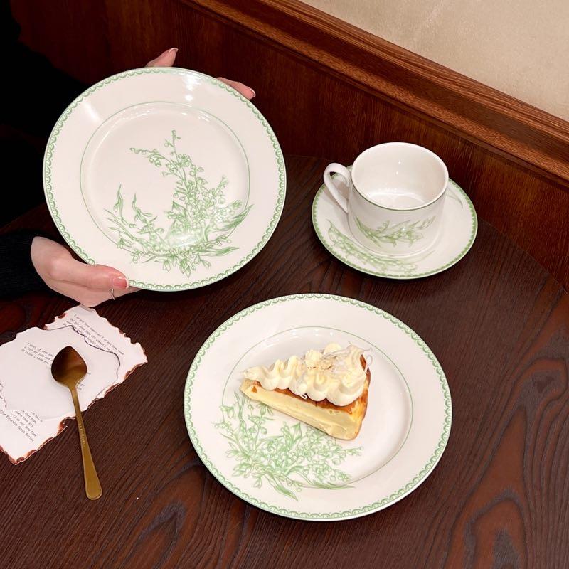 ins轻奢田园风绿色铃兰印花陶瓷餐具马克杯咖啡杯西餐盘甜品盘