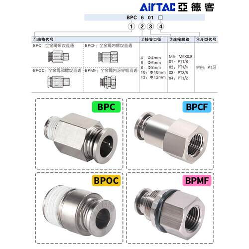 亚德客气动气管快速接头BPC/BPOC/BPCF/BPMF4 6 8 10 12铜BPM直通
