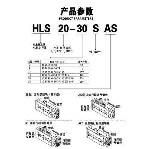 HLS6精密导轨滑台气缸HLS8/12/16/20/25X10X30X40X50X75X100X125S