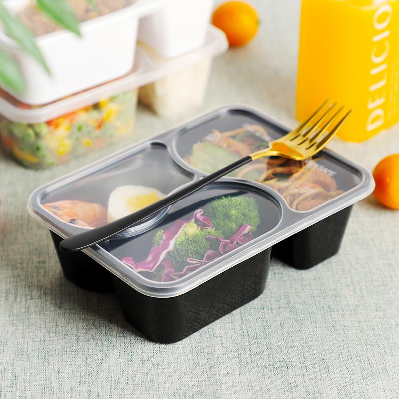 三格500/600/700ml一次性餐盒打包盒快餐便当包邮加厚透/黑外卖盒