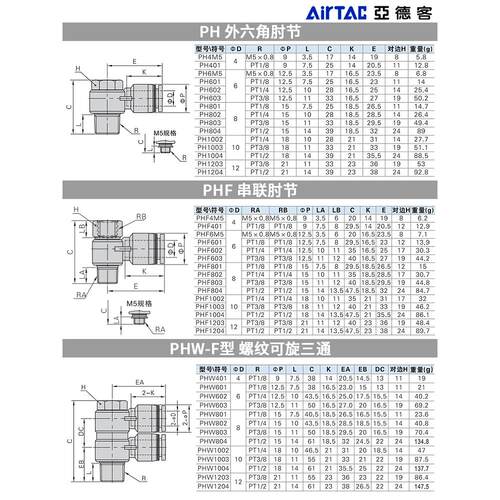 亚德客气动快插PHW肘节管接头PH/PHF4/6/8/10/12-M5/01/02/03/04
