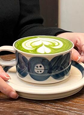 中古风手绘蓝色海葵咖啡拿铁杯拉花杯下午茶杯碟复古陶瓷杯套装