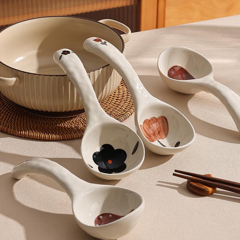 景德镇陶瓷大汤勺家用乘粥勺稀饭勺长柄大号盛汤手绘釉下彩大勺子