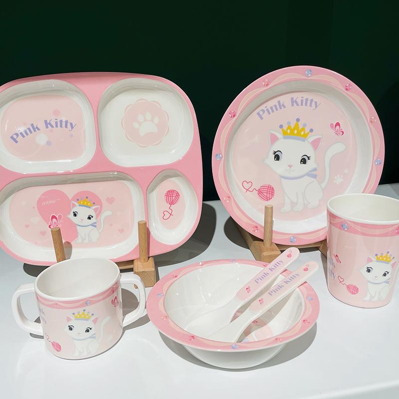 粉色猫咪密胺餐具套装女孩幼儿园餐盘宝宝防摔分格盘水杯勺叉饭碗