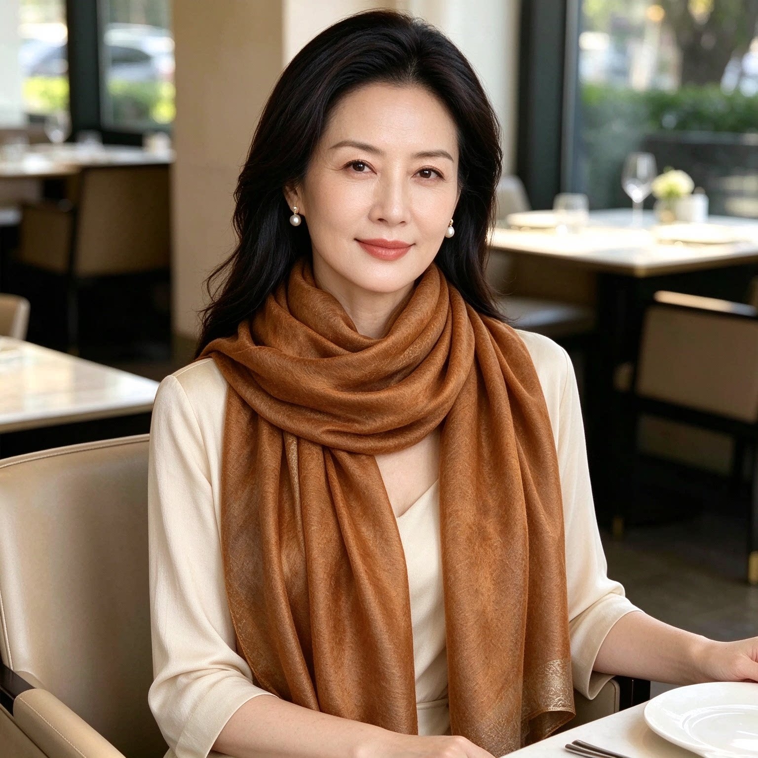 高档真丝丝巾女秋冬长巾棕色桑蚕丝围巾披肩保暖