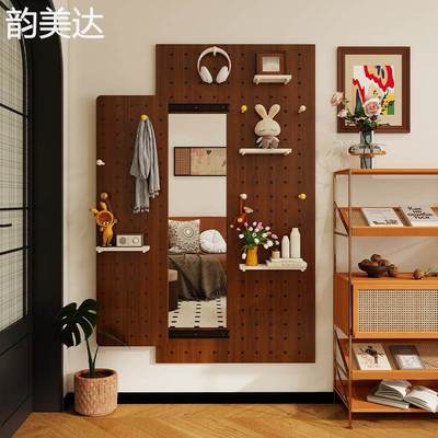 韵美达中古风实木洞洞板置物  架  全身镜遮挡电表箱隐藏式隐形推拉穿衣镜子床笠垫