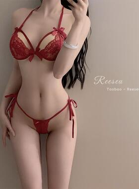 迷情罂粟*性感蕾丝蝴蝶结镂空内衣诱惑文胸红色春夏丁字裤套装女