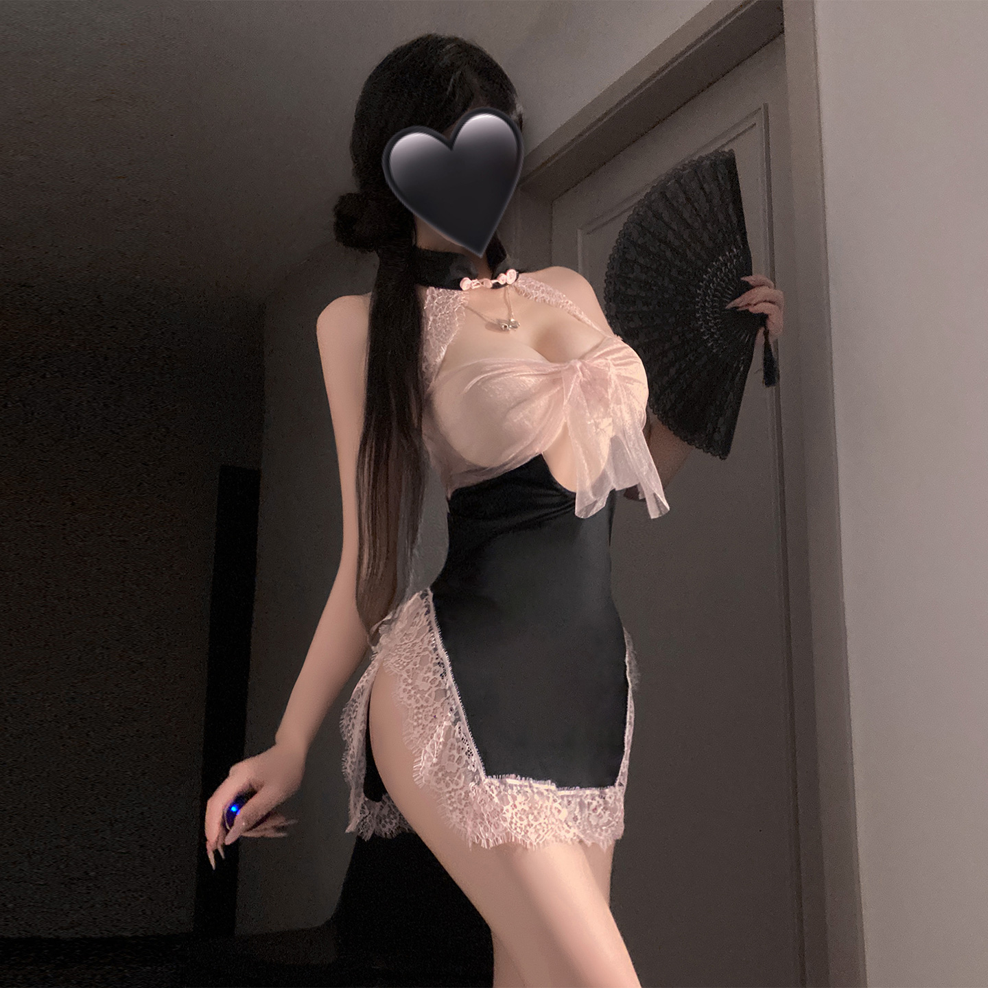 多汁蜜桃*性感纯欲网纱蝴蝶结吊带睡衣开叉旗袍高级睡裙诱惑老公