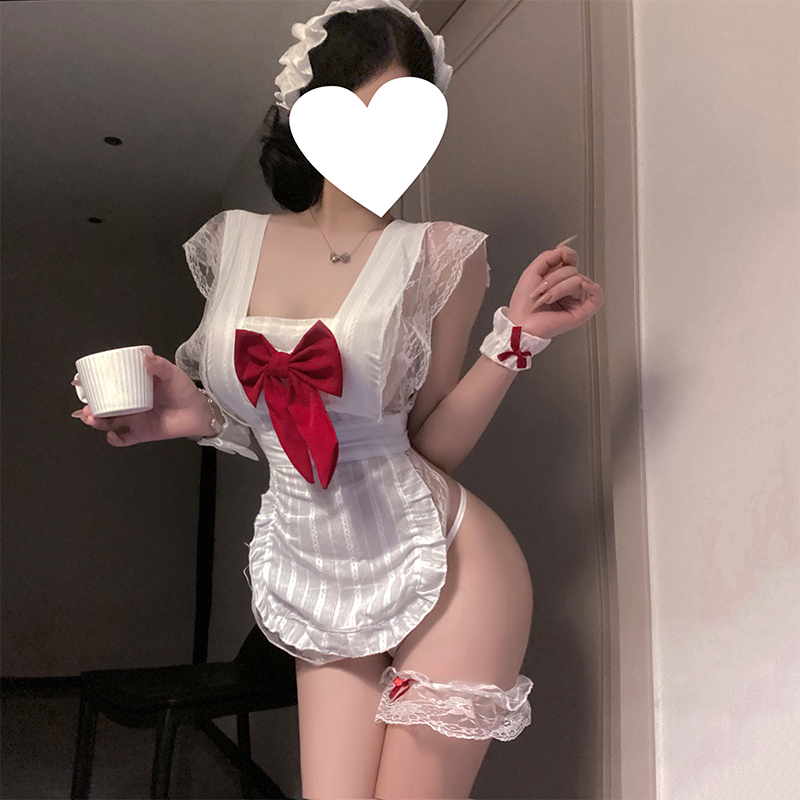 REESEU 性感纯欲可爱围裙蝴蝶结甜美蕾丝cos厨娘套装
