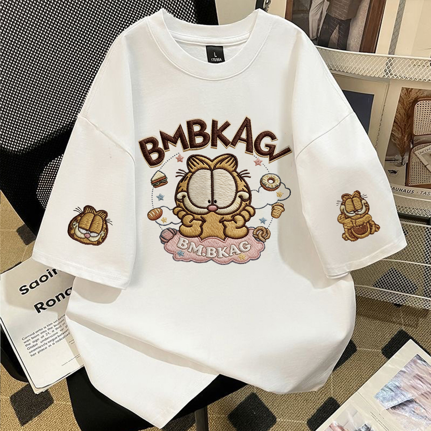 小众设计感加菲猫仿刺绣圆领纯棉短袖男女款oversize休闲百搭上衣图片