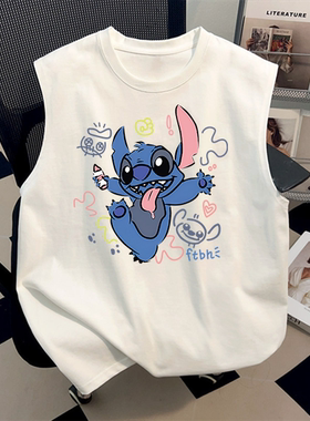 舒适美式纯棉可爱史迪仔背心t恤夏季潮牌ins情侣设计白色无袖上衣