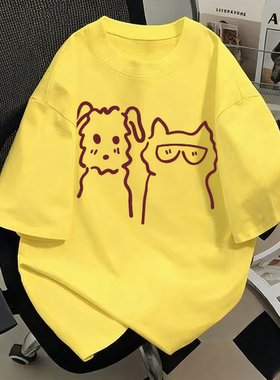 美式高街黄色纯棉短袖t恤涂鸦狗狗新款夏季百搭宽松半袖设计上衣