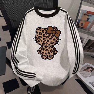 2025秋冬豹纹凯蒂猫印花白灰色圆领卫衣三条杠美式 情侣上衣 男女款