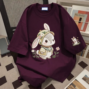 可爱兔子印花宽松设计感小众上衣 t恤女夏新款 美式 高街葡萄紫短袖