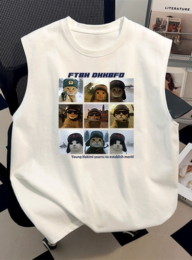 潮牌夏季纯棉白色背心美式时尚九宫格猫咪印花无袖上衣情侣装T恤