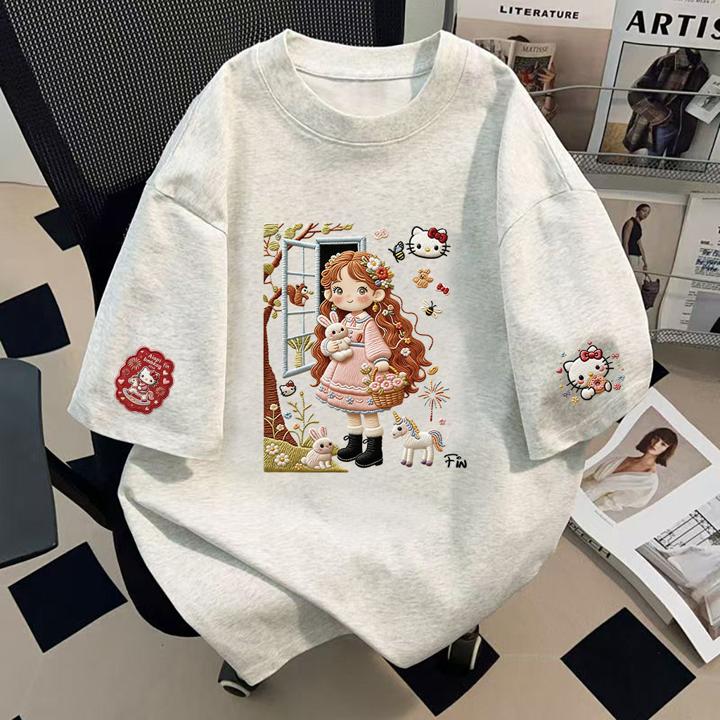 纯棉短袖t恤HelloKitty女孩仿刺绣上衣通用百搭可爱风T恤夏季新款 - 实物图