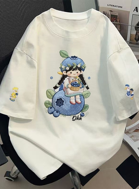 美式潮牌白色圆领正肩可爱蓝莓女孩短袖t恤宽松夏季新款复古上衣