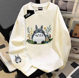 秋冬潮牌趣味龙猫仿刺绣印花圆领纯棉长袖上衣女慵懒风宽松T恤