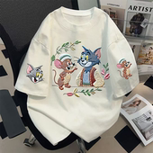 t恤女小个子宽松圆领上衣夏季 纯棉2025新款 卡通仿刺绣白色短袖