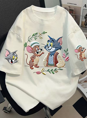 纯棉2025新款卡通仿刺绣白色短袖t恤女小个子宽松圆领上衣夏季