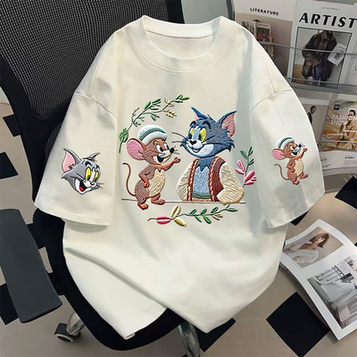 纯棉2025新款卡通仿刺绣白色短袖t恤女小个子宽松圆领上衣夏季