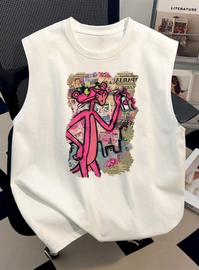 美式潮牌纯棉T恤男女夏季粉红豹印花情侣装无袖上衣凉感白色背心