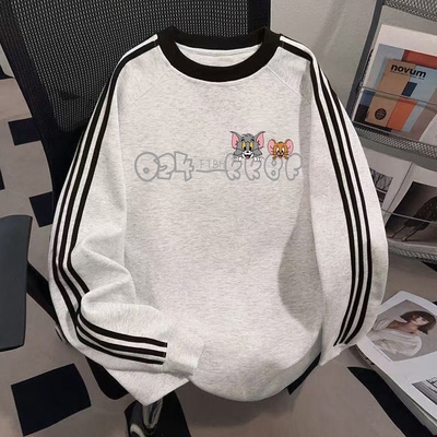 美式复古可爱猫鼠三条杠圆领卫衣秋冬加绒加厚宽松设计感小众外套