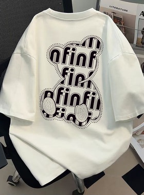 纯棉美式短袖t恤女线条小熊字母新款夏季宽松设计感小众白色上衣