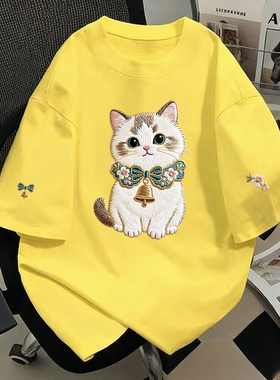 纯棉黄色短袖t恤新款爆款铃铛猫咪夏季美式宽松正肩设计半袖上衣