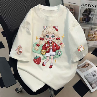 纯棉猫耳少女短袖 半袖 T恤女新款 小众设计感宽松美式 上衣 爆款 夏季