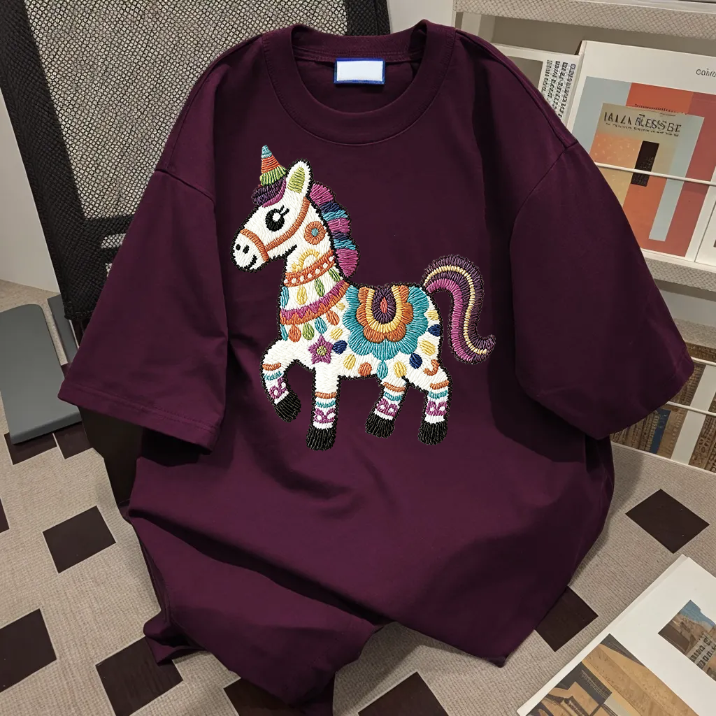 葡萄紫纯棉短袖t恤新款仿刺绣炫彩萌马夏季ins中长款宽松体恤上衣