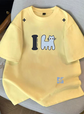 FTBHFIN美式重磅纯棉趣味猫咪印花短袖奶黄色T恤夏季重磅小众上衣