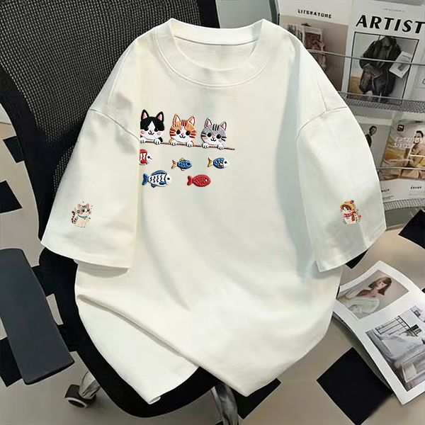 纯棉萌猫戏鱼短袖t恤女2026新款夏季美式宽松半袖设计感小众上衣,女装/女士精品,T恤,淘宝优惠券,粉丝福利购,淘宝优惠卷