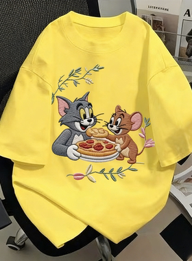 纯棉美式干饭汤姆杰瑞印花黄色短袖t恤季新款宽松设计感半袖上衣