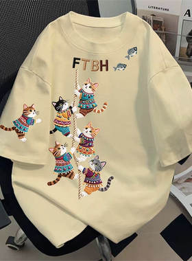 2025新款绳上猫咪印花中长款仿刺绣短袖女夏季宽松韩系慵懒风上衣