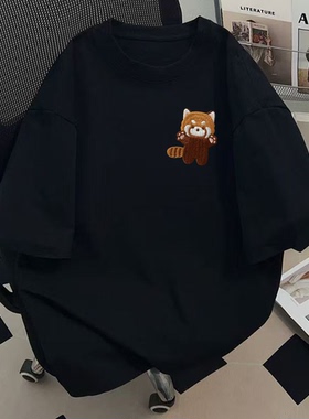 纯棉黑色短袖t恤女仿刺绣卡通美式复古夏季潮设计感小众半袖上衣