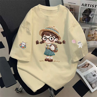 t恤 上衣夏男女短袖 美式 潮牌重磅纯棉创意仿刺绣眼睛女孩印花半袖