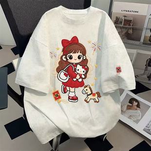 纯棉爆款福娃贺春宽松显瘦甜酷风夏季扎染短袖情侣t恤圆领上衣潮