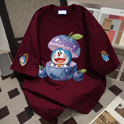 美式甜酷仿刺绣卡通哆啦A梦纯棉短袖t恤女夏季情侣款百搭圆领上衣