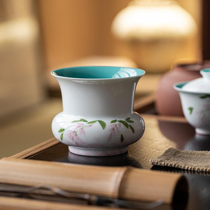 皓澜手绘紫藤花建水茶渣缸手工陶瓷茶桌水盂茶洗茶渣缸茶道零配件
