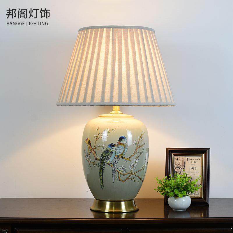 美式复古花鸟陶瓷台灯创意客厅边几酒店样板房简约台灯卧室床头