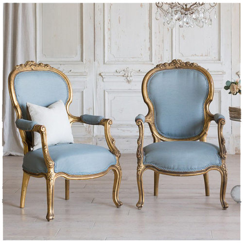 美式描金实木餐椅欧式做旧酒店餐厅扶手椅法式雕花休闲单人椅