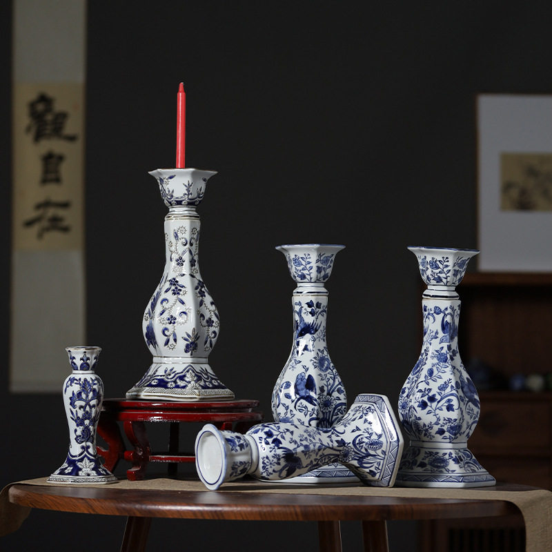 青花瓷烛台陶瓷烛台摆件中式家居桌面香插古典陶瓷茶道复古摆件